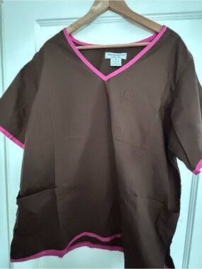 Brown Medical Scrub Set with Pink Trim